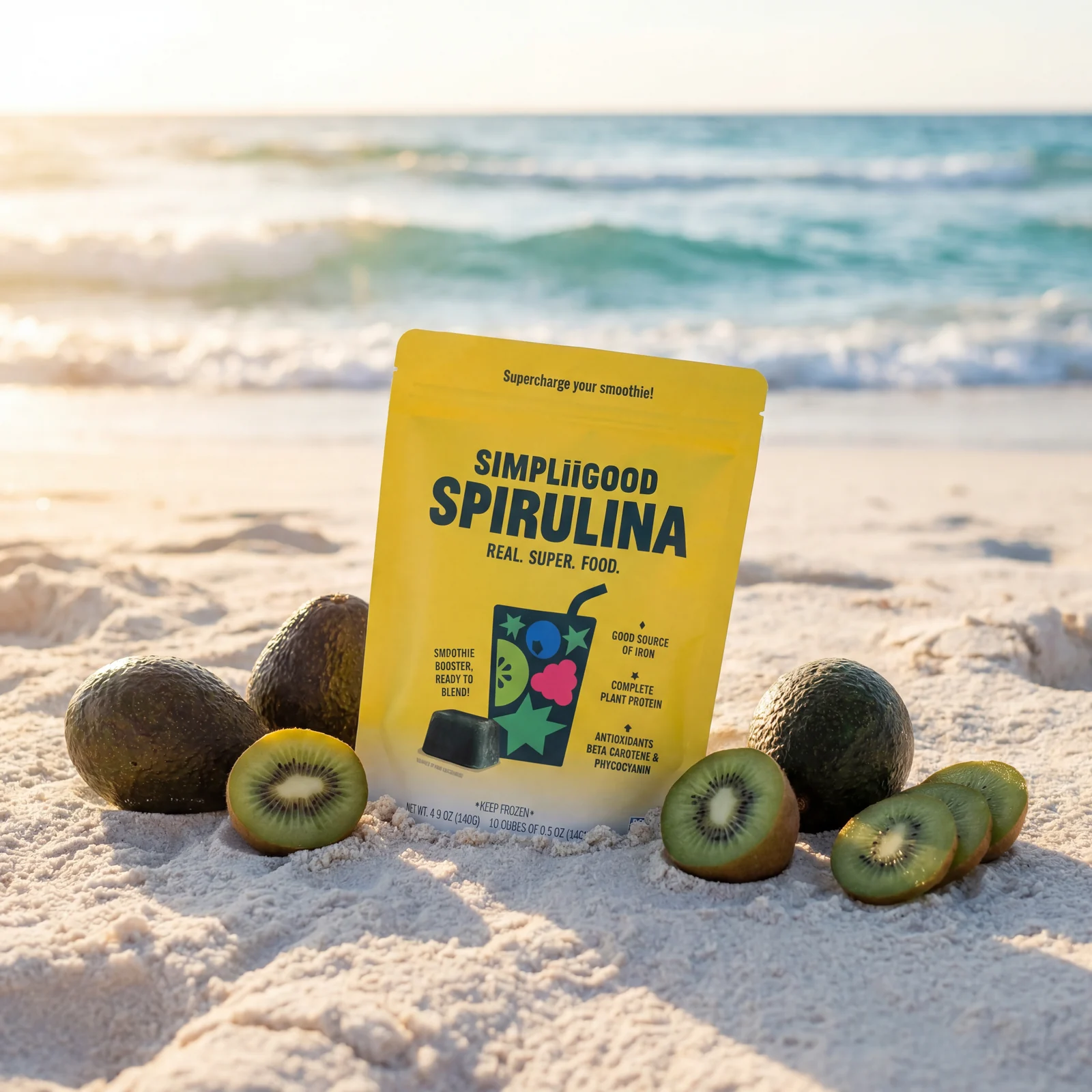 SimpliiGood spirulina on the beach