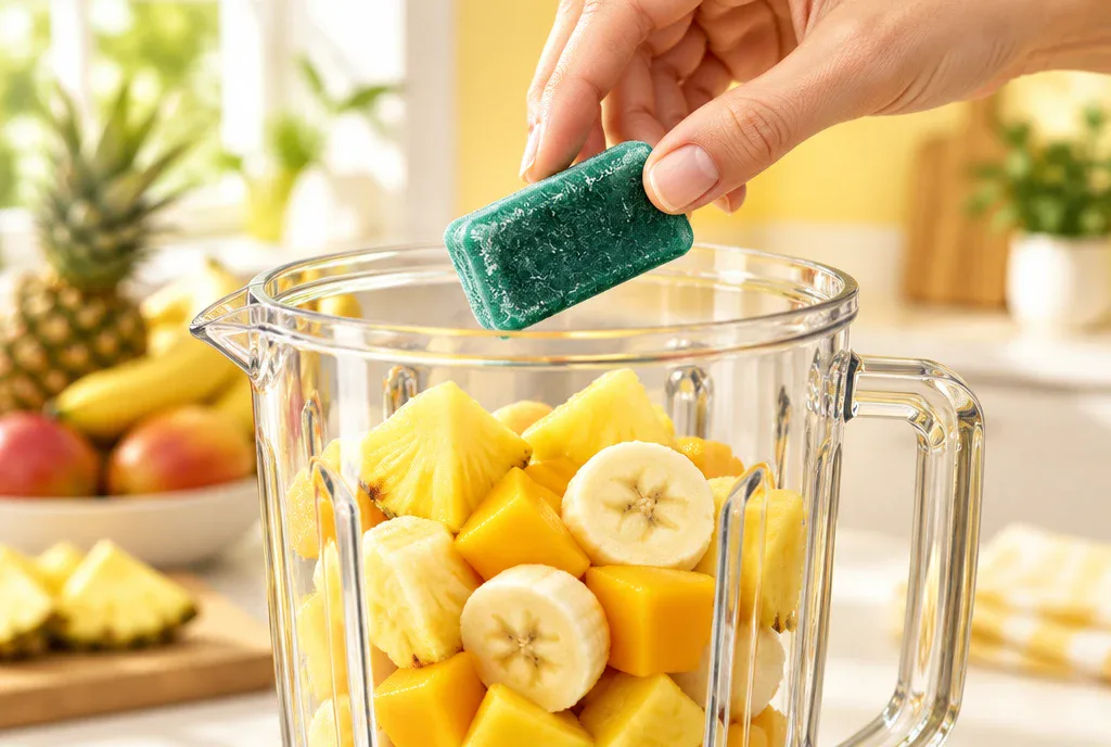 A hand dropping a fresh-frozen spirulina cube into a blender of pineapple, banana and mango