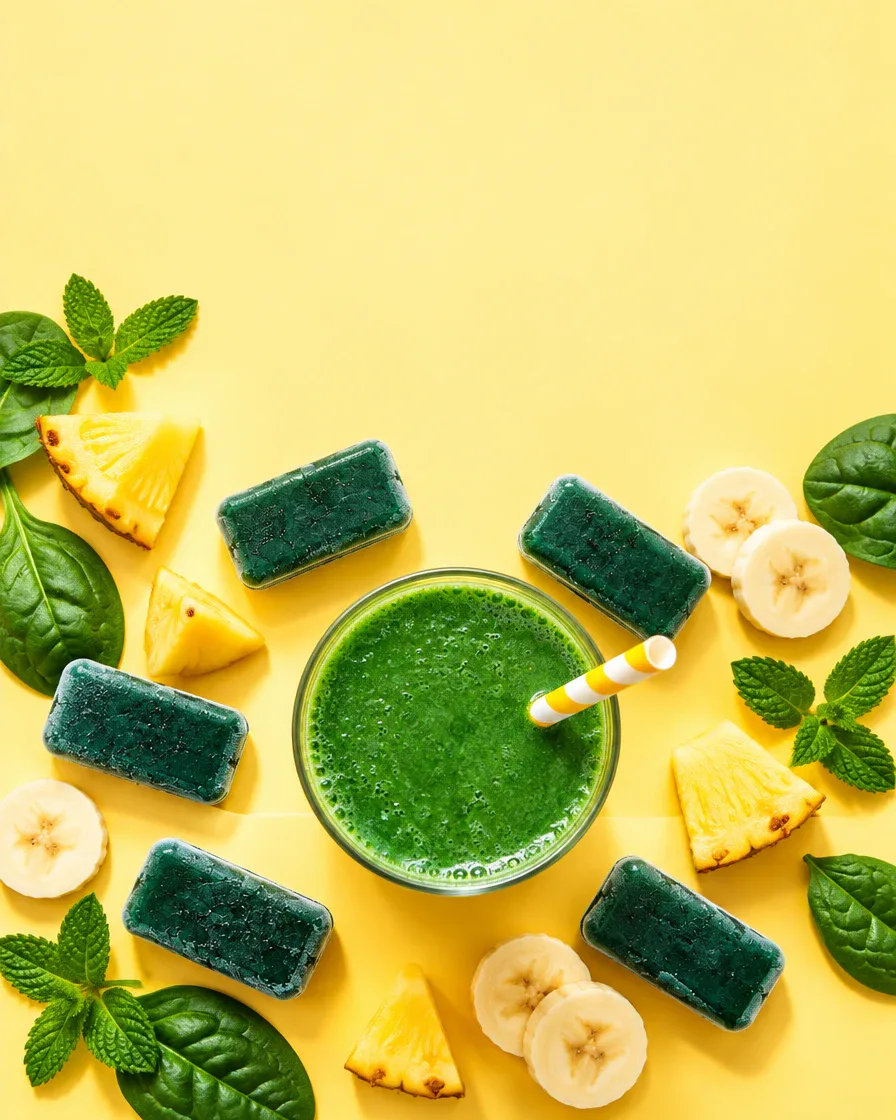 Fresh-frozen spirulina cubes arranged around a green spirulina smoothie with pineapple, banana and mint