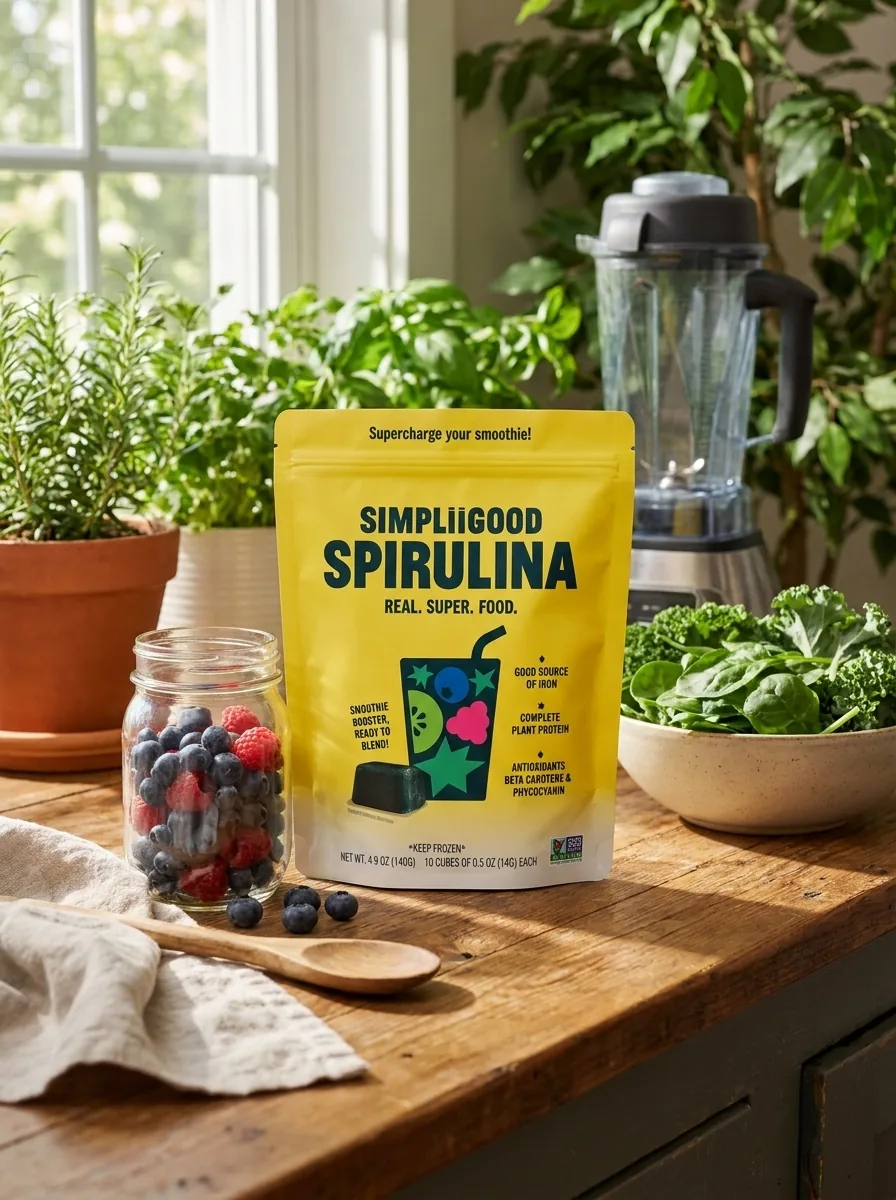 SimpliiGood Spirulina pack in a kitchen with fresh fruit and a blender
