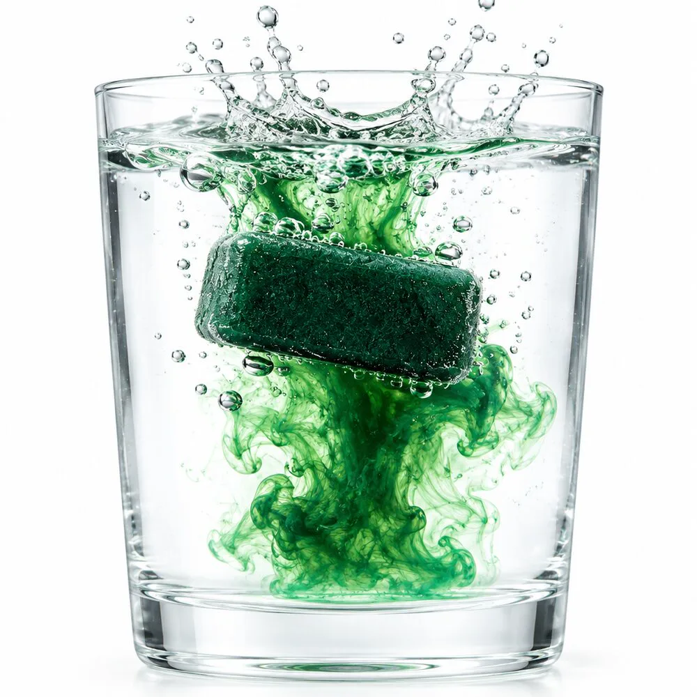 A rectangular fresh-frozen spirulina cube dropping into crystal-clear water