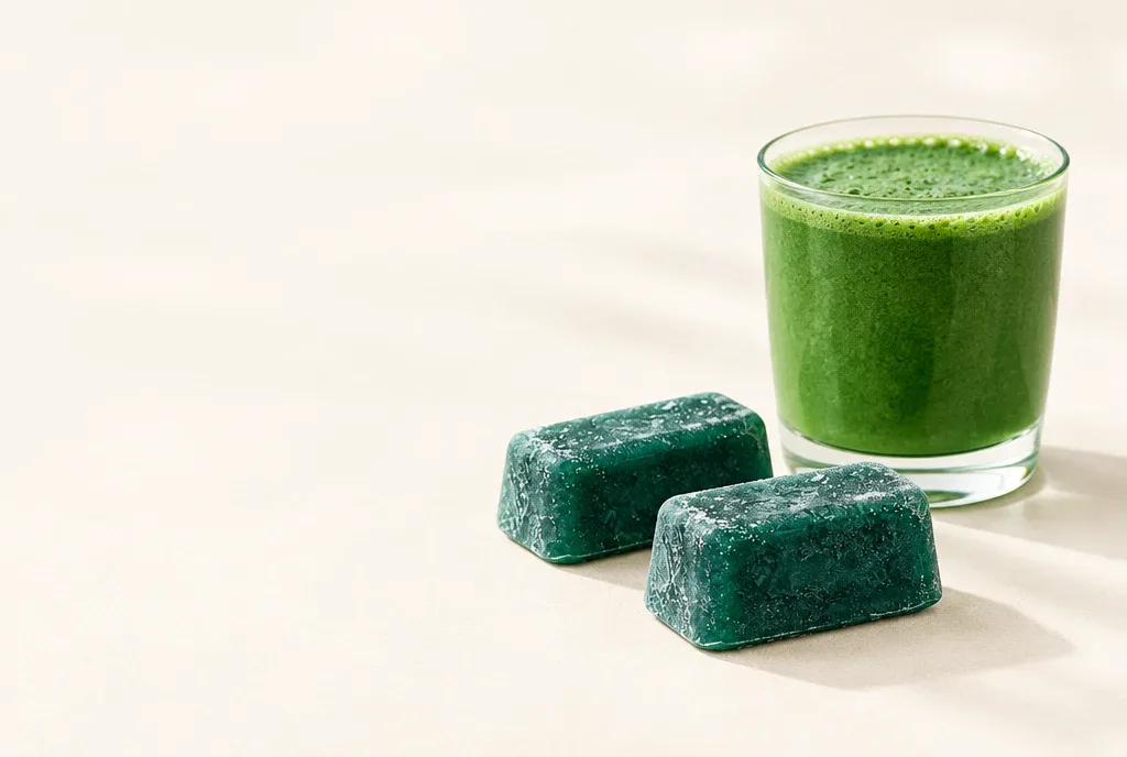 Two fresh-frozen spirulina cubes beside a green smoothie — a daily serving