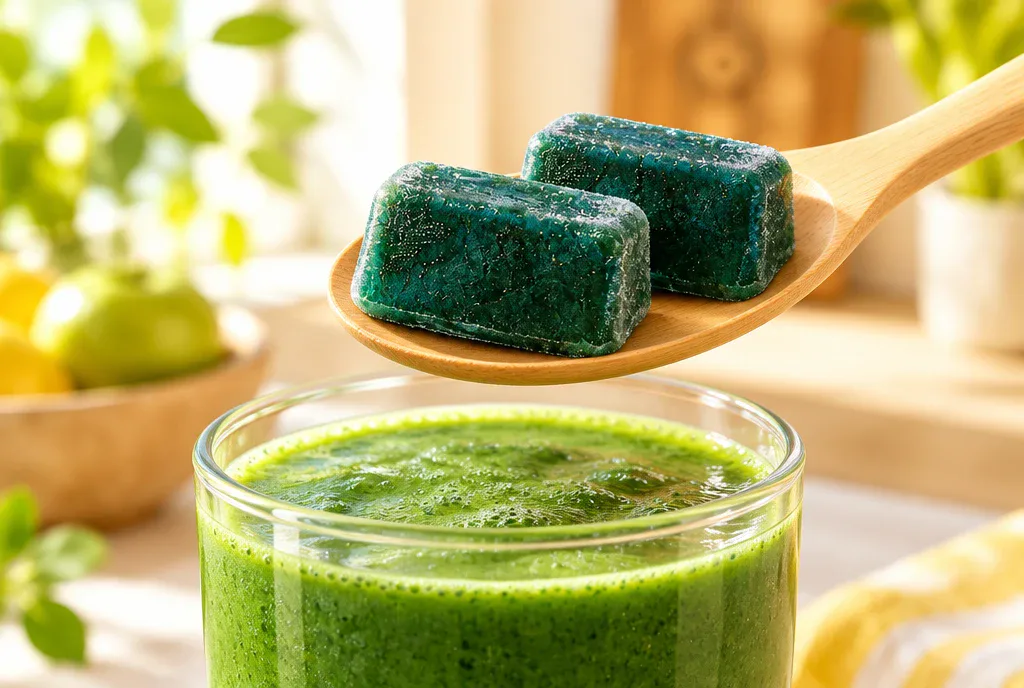 A two-cube daily serving of fresh-frozen spirulina on a wooden spoon over a green smoothie