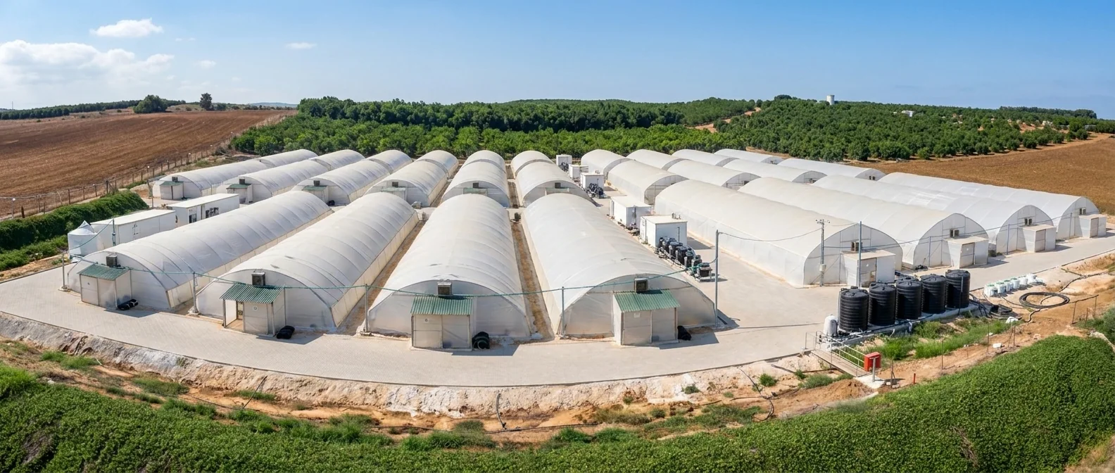 Aerial view of the SimpliiGood spirulina farm greenhouses beside a freshwater pond