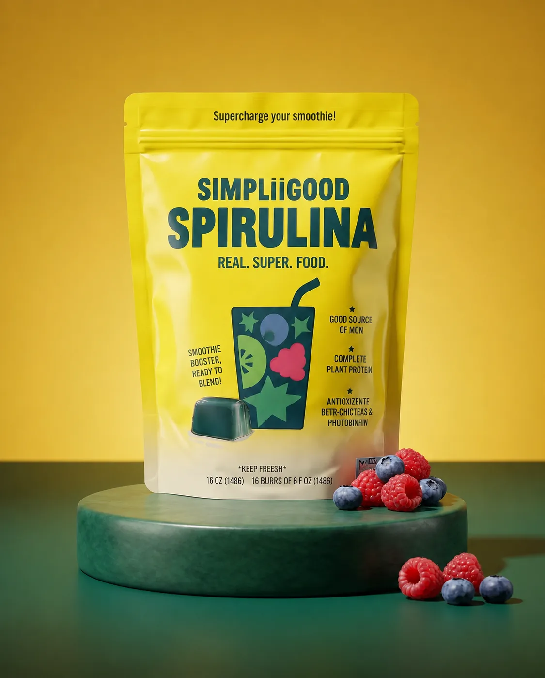 The SimpliiGood Spirulina pouch on a green pedestal with fresh-frozen cubes and berries