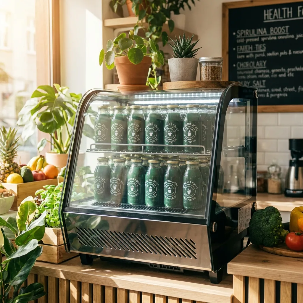 Cold-pressed spirulina juice bottles in a fridge display