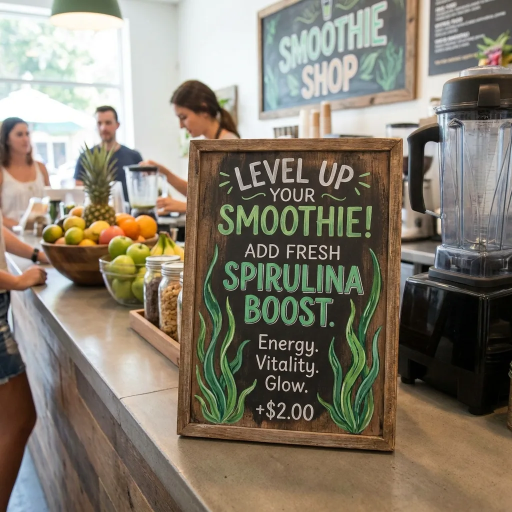Add fresh spirulina boost menu sign at a smoothie shop