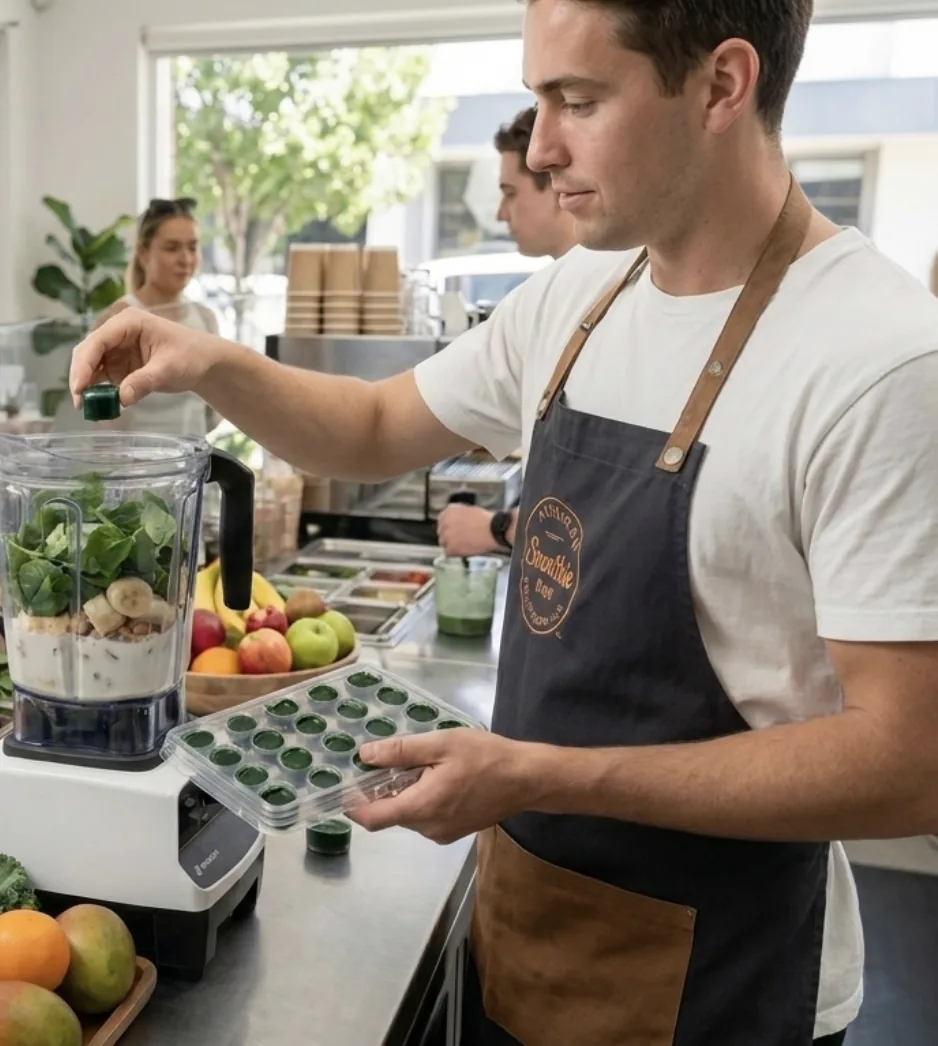 Barista adding a SimpliiGood spirulina cube at a smoothie bar