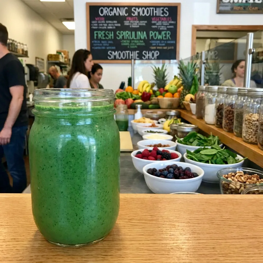 Fresh green spirulina smoothie at a juice bar