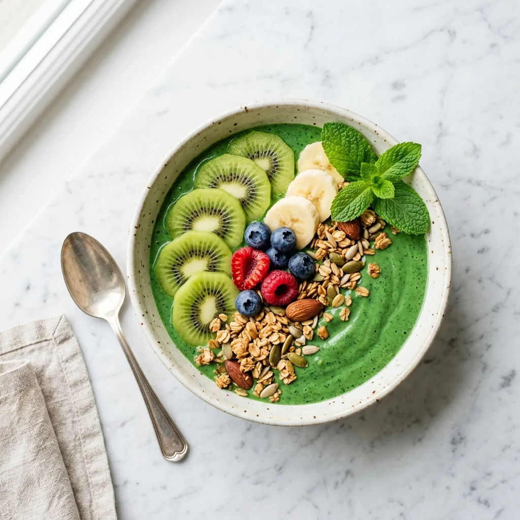 A vivid green spirulina smoothie bowl topped with fresh fruit