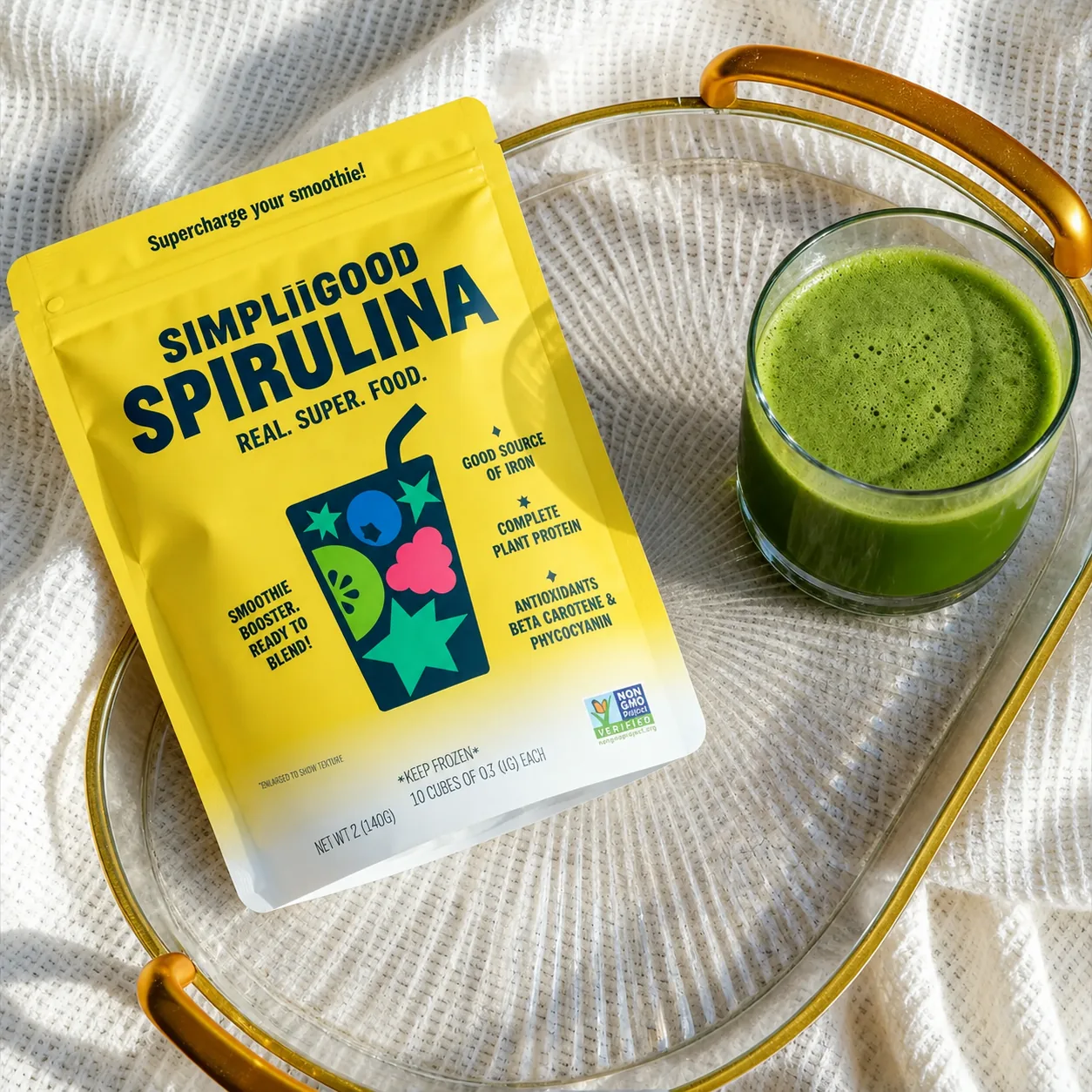 SimpliiGood Spirulina pack beside a glass of fresh green juice, flat lay