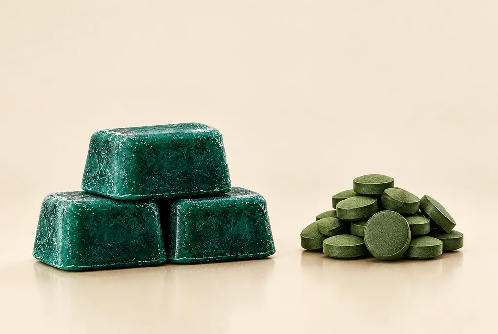 Fresh-frozen spirulina cubes next to a pile of green chlorella tablets