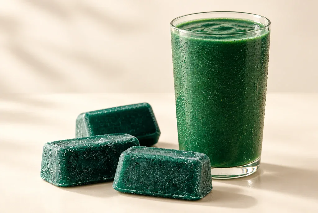 Fresh-frozen spirulina cubes beside a vivid green spirulina smoothie